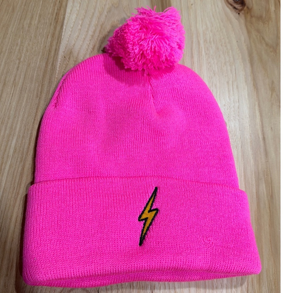 Aviator nation Neon Pnk Lightning Bolt PomPom Beanie Ribbed Knit Hat Los Angeles